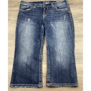 Silver Suki Mid Capri Jeans Womens 16 Blue Thick Stitch Embroidered Pockets